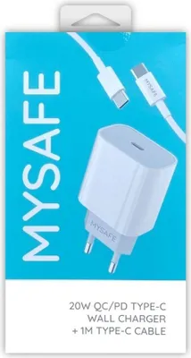 Zdjęcie produktu dla MySafe 20W Ładowarka Ścienna Typ C z Kablem 1m - Szybkie Ładowanie KP26667