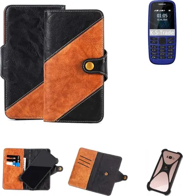 Produktbild von K-S-Trade Handyhülle Schutzhülle Bookstyle Case Wallet-Case kompatibel mit Nokia 105 (2019) Handy Cover Bumper Klapphülle schwarz hellbraun 1x