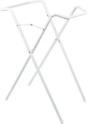 A white metal baby bathtub stand is shown against a white background.