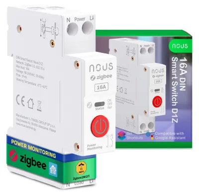 Productafbeelding van Nous D1Z Zigbee DIN-rail schakelaar, 16A. Slimme schakelaar met energiebewaking, compatibel met Home Assistant, Alexa, Google Home. App-bediening op afstand, spraakbesturing en timerfunctie