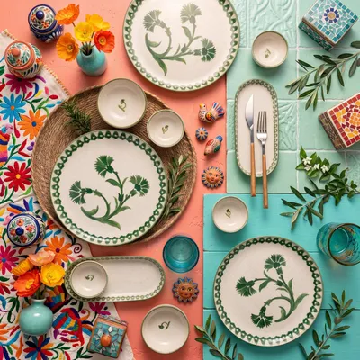 Obrázok produktu pre Sada riadu Hermia Concept (14 kusov) vyrobená zo 100% porcelánu, v krémovej a zelenej farbe, vhodná do mikrovlnnej rúry a umývačky riadu