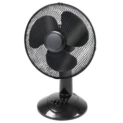 A black desk fan is shown against a white background.