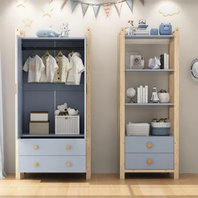 Produktbild von MODFU Kombinationsmöbel Kinderzimmer-Set mit Kinderkleiderschrank und Regal,Kombinationsgarderobenset mit Kleiderstange und Schubladen,Blau+Naturholz
