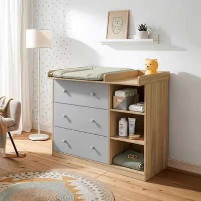 Obrázok produktu pre Prebaľovací komoda „Beldinupp“ s odnímateľnou prebaľovacou doskou, 93 x 110 x 55 cm, vzhľad dubového dreva / sivá