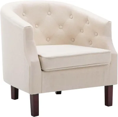 Produktbild von Beiger Stoffsessel mit Beinen aus Gummibaumholz, 65 x 64 x 65 cm, mit bequemer Knopfheftung für Wohnzimmer, Schlafzimmer und Büro