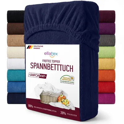 Produktbild von EllaTex FROTTEE TOPPER Spannbettlaken 140x200 – 160x200 Baumwolle – weich, saugstark & elastisch, Spannbetttuch für Topper bis 12 cm Farbe: Dunkelblau