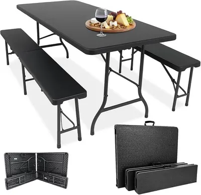 Productafbeelding van Opklapbare biertafelset, 3-delig – Tafel 180x74x72 cm + 2 banken 180x25x43 cm – Campingtafel, weerbestendig en gemakkelijk te onderhouden, antislip – met draaghandgrepen – voor camping, tuin – antraciet