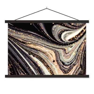 Produktbild von MuchoWow® Textilposter Marmoroptik - Schwarz - Gold - Weiß - Glitter - Marmor 90x60 cm mit schwarzem Rahmen - Aufhängungssatz