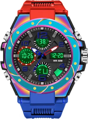 Produktbild von Herren Militär Sportuhr Analog Digital 5ATM Wasserdicht mit Dualzeit, Stoppuhr, Wecker, Kalender, LED Display Rot Schwarz