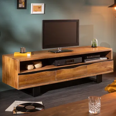 Produktbild von riess-ambiente TV-Board MAMMUT 160cm honigfarben schwarz honey finish massive Akazie Metall Baumkante Lowboard