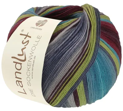 Produktbild von Lana Grossa Landlust DIE SOCKENWOLLE 100 g 4-fach Sockenwolle von Lana Grossa und Landlust 420 m Farbe 133 - Burgund/Weinrot/Türkis/Pistazie/Graublau/Hellp. Gestreift
