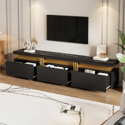 Obrázek produktu pro Nízká TV skříňka Merax s mramorovým vzhledem, moderní TV skříňka se 3 zásuvkami a systémem pro vedení kabelů, TV stojan pro televizory do 90 palců, černá barva