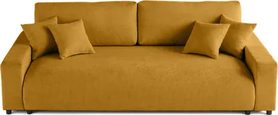 A yellow sofa with throw pillows.