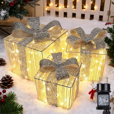 Kerstcadeauset, 140 LEDs, warmweiß, Timer, silber, 3 Stück