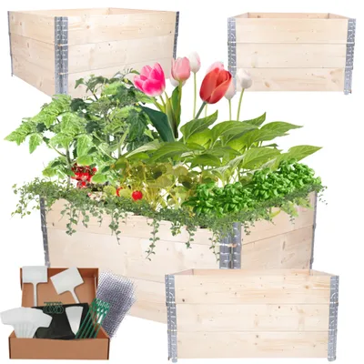 Produktbild von MODO24 Hochbeet Holz, Pflanzrahmen, Kräuterbeet, Gemüsebeet, Massivholz Kiefer, Garten, 60x120x100 cm, Natur unbehandelt, ZP10