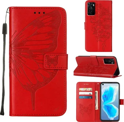Produktbild von OPPO A55S 5G Hülle, Schmetterling Prägung Flip Leder Kartenfächer Schutzhülle Ledertasche mit Ständer für OPPO A55S 5G Rot
