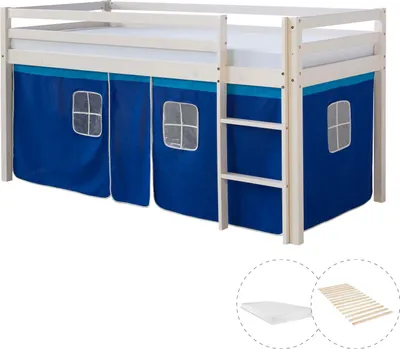 Obrázek produktu pro Hochbett mit Matratze 90x200 Kinderbett Leiter Holz Kiefer Vorhang Blau Jugendbett Lattenrost