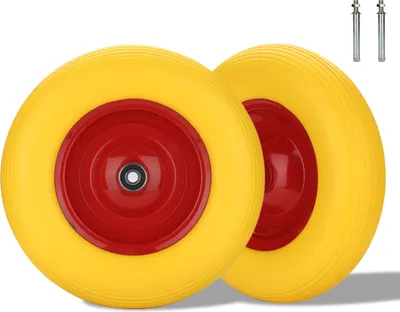 Zdjęcie produktu dla Koło do taczki VINGO 4.80/4.00-8 PU, odporne na przebicie pełne opony gumowe, Ø 390, szerokość 95 mm, do 200 kg, żółte koło zapasowe, z osią, do gokartów, wózków ogrodowych, zestaw 2 szt
