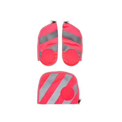 Three pink pouches with reflective stripes on a white background.