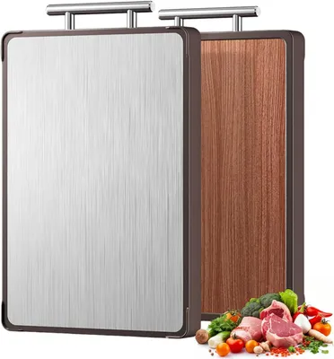 Image de Planche à découper de 40x28x2,5 cm, en bois et en acier inoxydable, antibactérienne, pour la cuisine