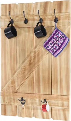 Image de Porte-tasses HWC-D13, Étagère suspendue Planche à tasses Wandboard, 6 crochets 91x60cm ~ Pin