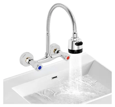 Produktbild von Wandmontierter Wasserhahn für die Küche | Zweigriffarmatur | 360° drehbar | Warm- und Kaltwasserschaltung | Wandarmatur für Spültische | 2 Wasserablassmodi | Für Küchen und mehr