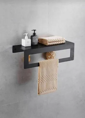 Zdjęcie produktu dla Wieszak na ręczniki z półką, metalowy, do montażu na ścianie, 30 x 10 cm, czarny