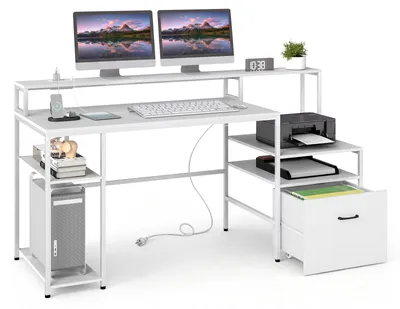 Produktbild von COSTWAY Computertisch mit Ladestation, Arbeitstisch mit rollbarer Schublade, Monitorständer, Metallrahmen&verstellbaren Füßen,Schreibtisch 166x60x88cm