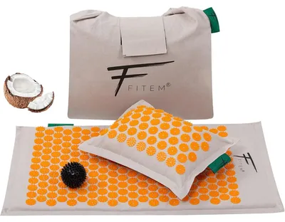 Produktbild von Akupressurmatte Massagematte Set - Kokosfaserfüllung - Mit Nackenkissen - Massageball und Tragetasche - Für Rücken und Nacken