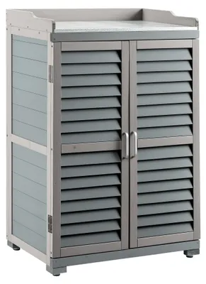 Produktbild von Wiltec Gartentisch mit Unterschrank und Arbeitsplatte, grau, Pflanztisch mit Schutzleisten für Gartenarbeiten, Holzschrank Werkzeugschrank Arbeitstisch für Garten