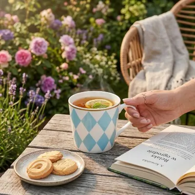 Imagen del producto de Taza de porcelana Florina con diseño geométrico de diamantes, 400 ml, color azul