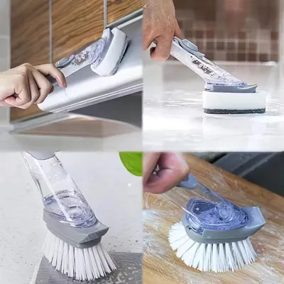 Image de Distributeur de savon & set de brosses à vaisselle avec éponge - Facile à nettoyer, idéal pour les casseroles, poêles & éviers