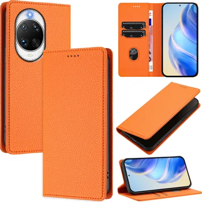 Produktbild von Litchi Leder Handyhülle für Huawei Nova 14 Pro Wallet Kartenfächer Standfunktion Hülle Orange