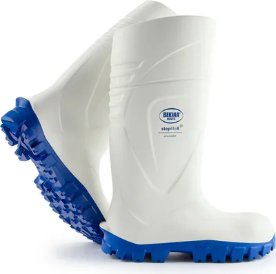 A pair of white and blue work boots are shown against a white background.