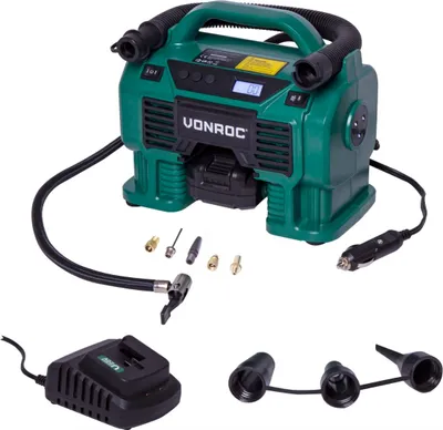 Produktbild von Vonroc Akku-Kompressor 20V - 20V Akku und 12V Zigarettenanzünder-Stecker – Befüll- und Entleerungsfunktion - Max. Arbeitsdruck 11 bar - Inkl. 8-teiligem Zubehör - Inkl. 1 Akku und Ladegerät