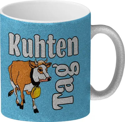 Produktbild von Kuhten Tag Glitzer-Kaffeebecher in blau mit Kuh zum Thema Bauernhof