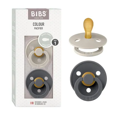 Produktbild von BIBS Colour Symmetrical Schnuller 2er Pack, BPA-frei Dummy-Schnuller, Symmetrischer Nippel. Naturkautschuk / Latex, Hergestellt in Dänemark. Größe 1 (0-6 Monate), Sand / Iron