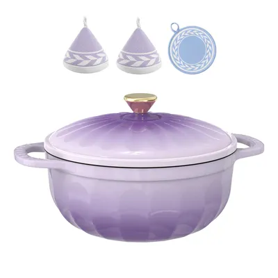Image de Casserole en fonte (4,7 litres), de forme en forme de pétale, comprenant des gants et un dessous de plat résistant à la chaleur, idéale pour la cuisson au four en cuisine. Couleur : violet