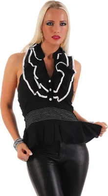 Produktbild von Damen Bluse Top Volant Vintage Rüschenbluse Ruffle ; Schwarz L