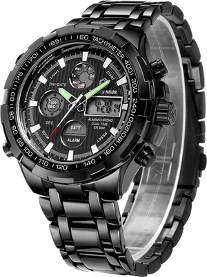 Produktbild von Armbanduhr für Herren, Schwerer Chronograph aus Edelstahl, wasserdicht, mit Datums- und Alarmfunktion, Analog-/Digitalanzeige