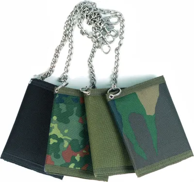Four wallets with chain attachments are displayed against a white background.