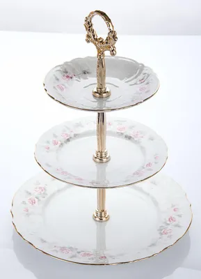 Produktbild von Etažérka, český porcelán, Bernadotte, růže, zlatý proužek, Thun, 15,5 cm, 19 cm, 25 cm