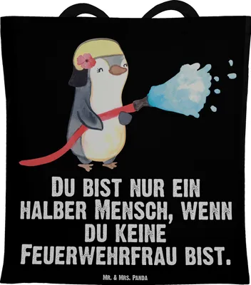 Produktbild von Mr. & Mrs. Panda Jutebeutel Feuerwehrfrau Herz - Schwarz - Geschenk, Freiwillige Feuerwehr, Tasche, Ausbildung, canvas, Tote Bag, Schultasche, Spruch, Shopping