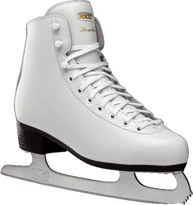 A single white figure skate is shown against a white background.