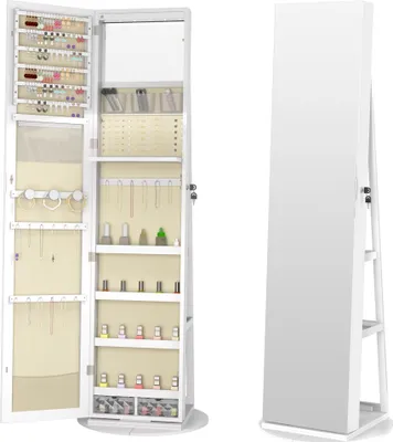 Obrázok produktu pre JOIEYOU Skrinka na šperky so zrkadlom Zrkadlová skrinka Skrinka na make-up otočná o 360° so 6 LED diódami Uzamykateľný úložný priestor na šperky Organizér na make-up 3 v 1 so zrkadlom v celej dĺžke Stojace zrkadlo, biele