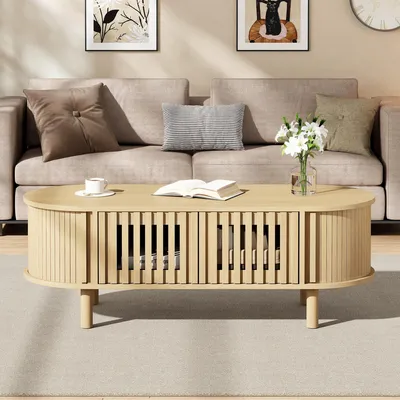 Image de Table basse ovale Merax avec porte coulissante à stores, table d'appoint pour canapé avec 2 portes à lamelles et pieds en bois massif, table de salon en MDF avec espace de rangement, finition naturelle