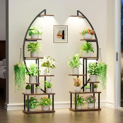Produktbild von Pflanzenständer mit Pflanzenlampe - 7-stufiger Blumenständer, 165 cm, Pflanzenregal aus Metall und Holz - Blumenleiter für den Innen- und Außenbereich - Dekoratives schwarzes Blumenregal für drinnen, Garten oder Balkon (2 Stück)