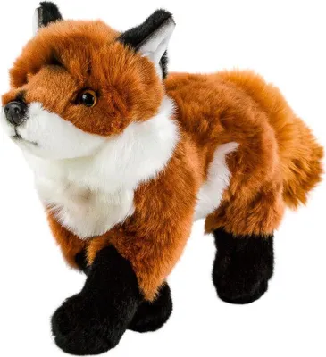 A plush toy fox standing on a white background.