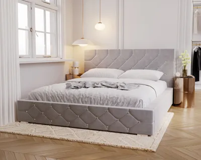 Obrázek produktu pro Čalouněná postel 180x200 cm Solar – manželská postel s roštem – krystaly, sametová látka, úložný prostor – ložnicová postel šedá