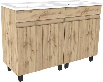 Image de Meuble de salle de bains 120cm 4 Portes_Chêne Naturel + Vasque céramique blanche - TIMBER 120